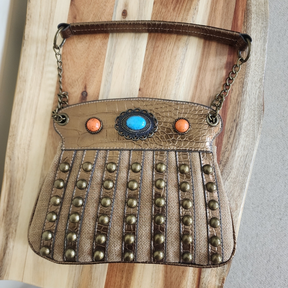 BERTOTTI Bejewelled Canvas Shoulder Bag Metallic Brown Brass Tone Studs Design
